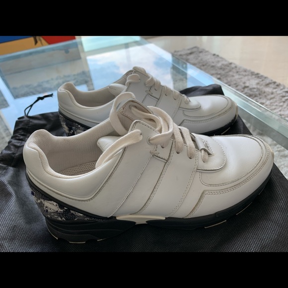 Chanel Black White Tweed Leather Lace Up Sport Runner Trainers Sneakers - Picture 5 of 6